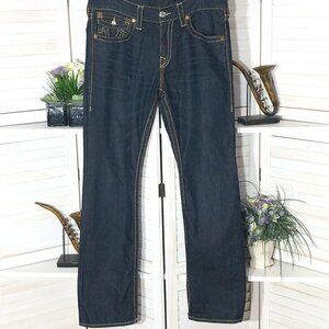 True Religion Ricky straight leg jeans cotton blue yellow stitching Size 34 X 32